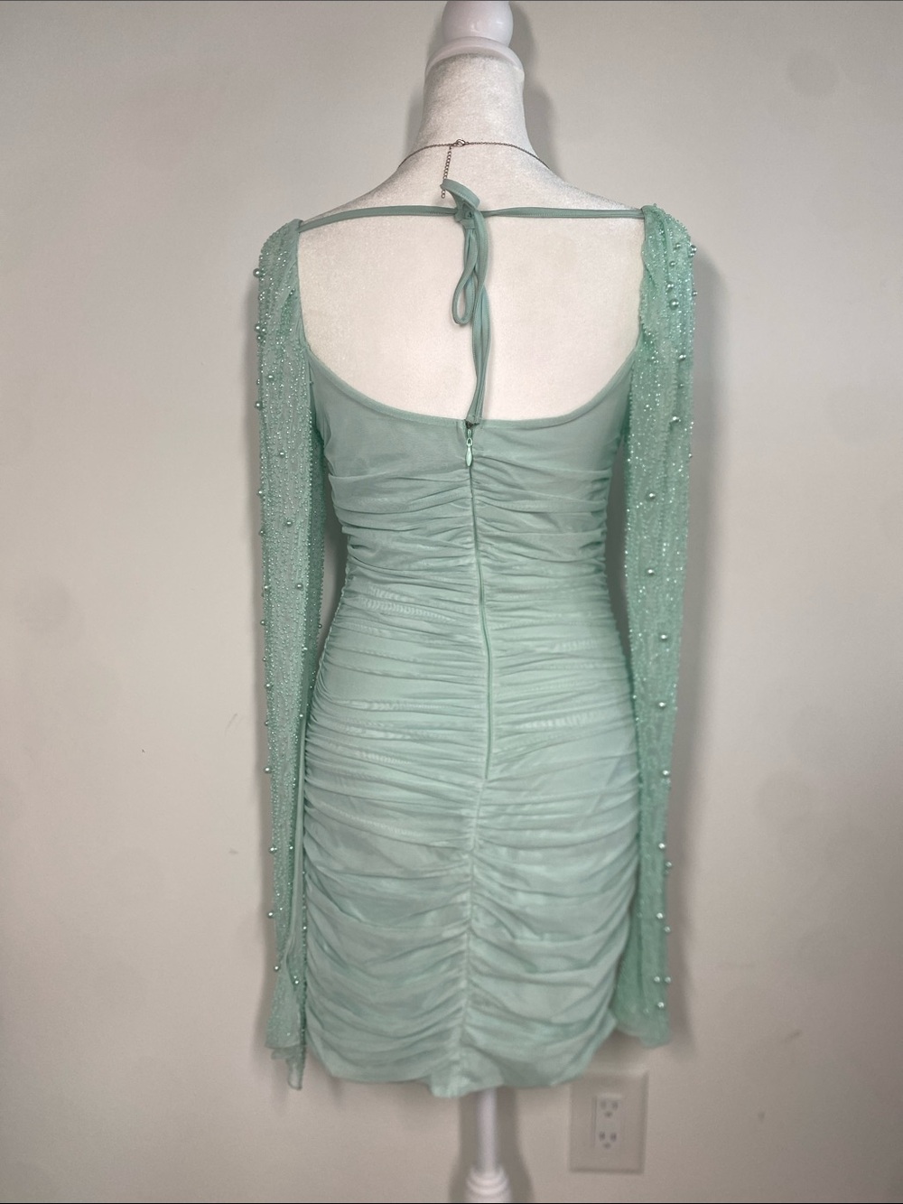 Oh Polly Mint Green Ruched Long-Sleeve Bodycon Dress
